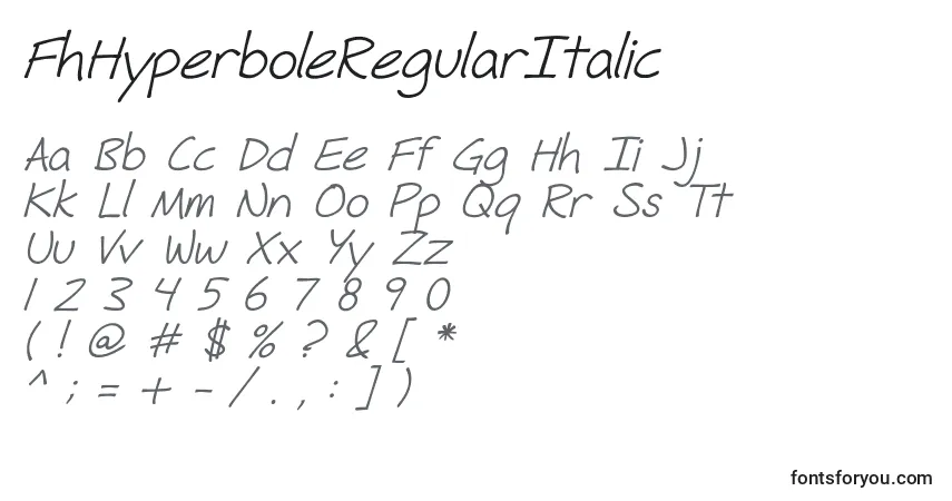 Czcionka FhHyperboleRegularItalic – alfabet, cyfry, specjalne znaki