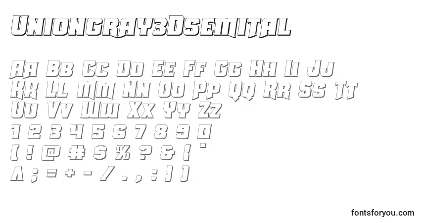 Uniongray3Dsemital-fontti – aakkoset, numerot, erikoismerkit