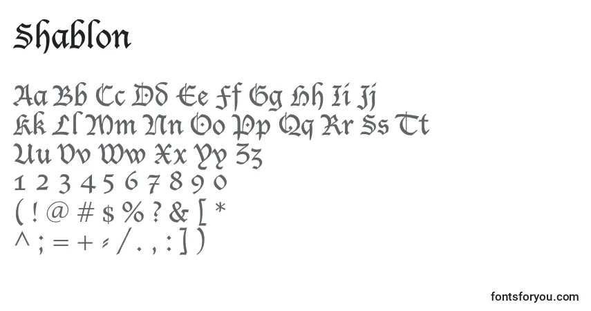 Shablon-fontti – aakkoset, numerot, erikoismerkit