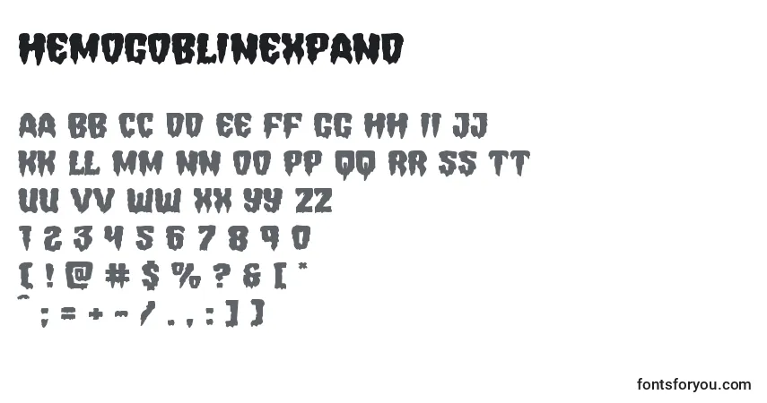 Czcionka Hemogoblinexpand – alfabet, cyfry, specjalne znaki