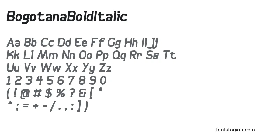 Schriftart BogotanaBoldItalic – Alphabet, Zahlen, spezielle Symbole