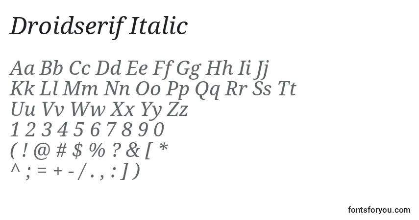 Czcionka Droidserif Italic – alfabet, cyfry, specjalne znaki