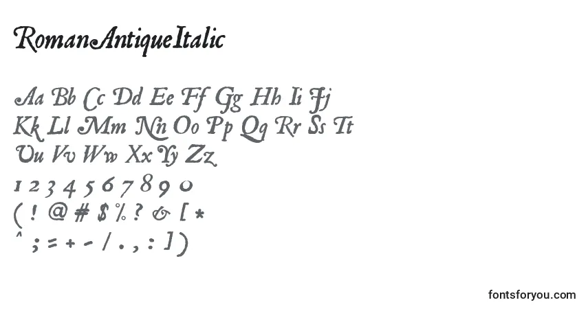 A fonte RomanAntiqueItalic – alfabeto, números, caracteres especiais