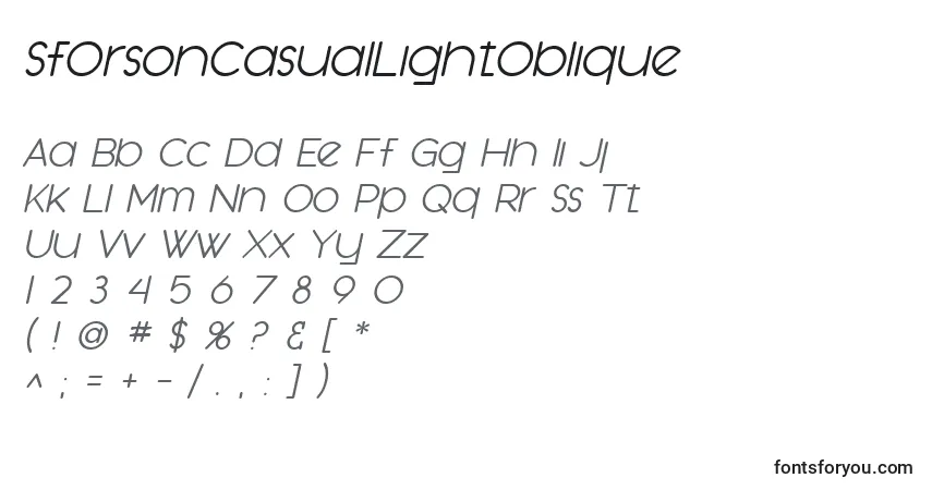 Schriftart SfOrsonCasualLightOblique – Alphabet, Zahlen, spezielle Symbole