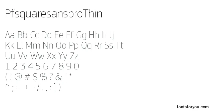 Czcionka PfsquaresansproThin – alfabet, cyfry, specjalne znaki