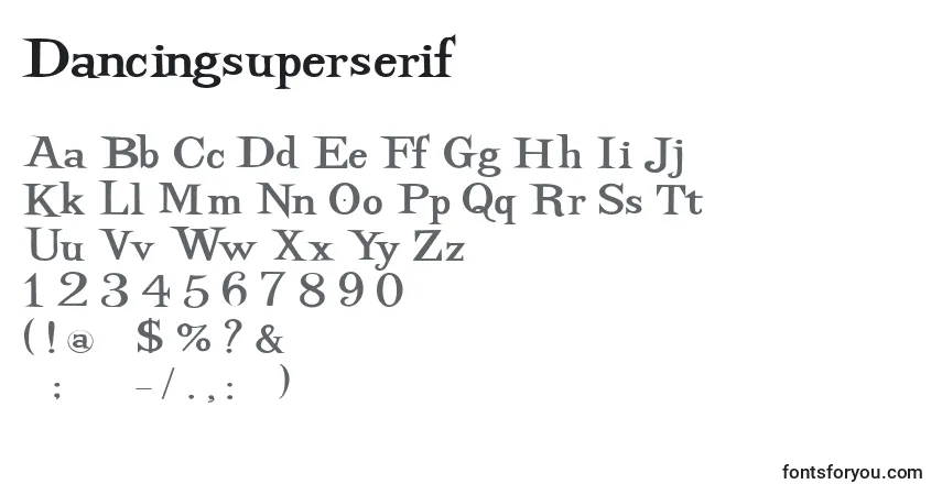 A fonte Dancingsuperserif – alfabeto, números, caracteres especiais