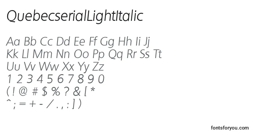 A fonte QuebecserialLightItalic – alfabeto, números, caracteres especiais