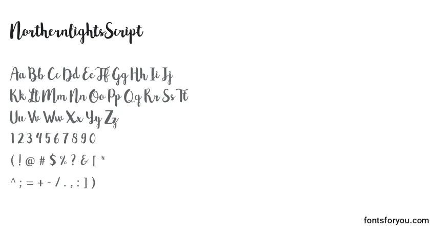 Czcionka NorthernlightsScript – alfabet, cyfry, specjalne znaki