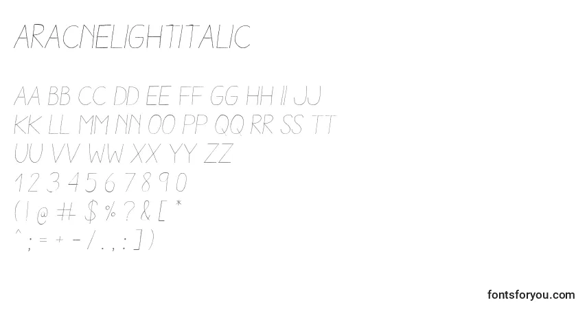 Schriftart AracneLightItalic (79647) – Alphabet, Zahlen, spezielle Symbole
