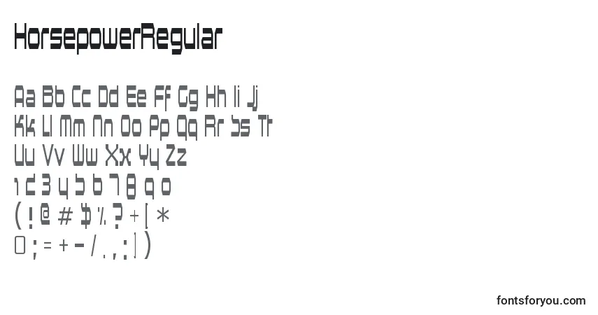 Шрифт HorsepowerRegular – алфавит, цифры, специальные символы