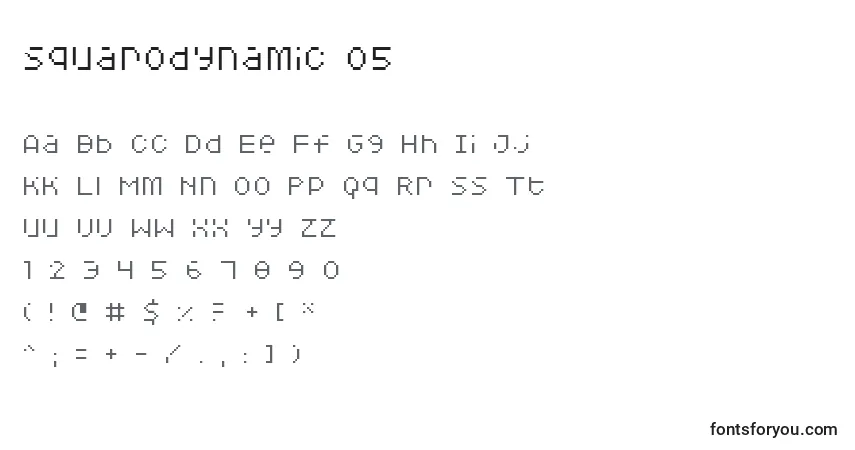 Czcionka Squarodynamic 05 – alfabet, cyfry, specjalne znaki