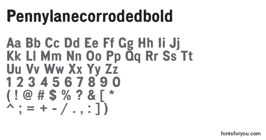 A fonte Pennylanecorrodedbold – alfabeto, números, caracteres especiais