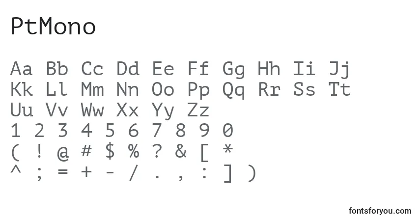 Czcionka PtMono – alfabet, cyfry, specjalne znaki