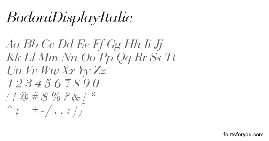 Czcionka BodoniDisplayItalic – alfabet, cyfry, specjalne znaki