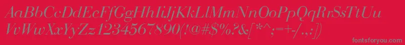 BodoniDisplayItalic-fontti – harmaat kirjasimet punaisella taustalla