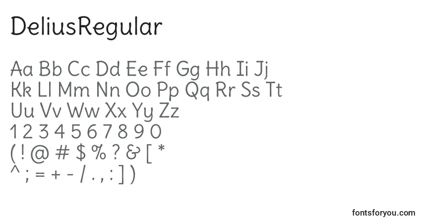A fonte DeliusRegular – alfabeto, números, caracteres especiais
