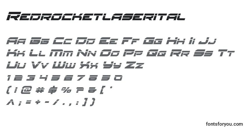 Czcionka Redrocketlaserital – alfabet, cyfry, specjalne znaki