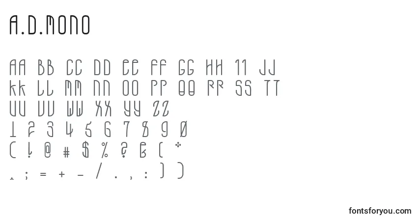 Schriftart A.D.Mono – Alphabet, Zahlen, spezielle Symbole