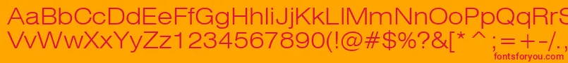 Swiss721LightExtendedBt-Schriftart – Rote Schriften auf orangefarbenem Hintergrund