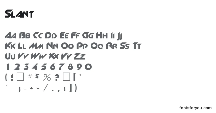 Czcionka Slant – alfabet, cyfry, specjalne znaki