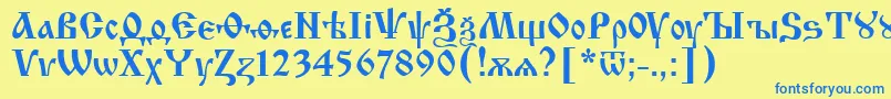 Izhitsa.Kz-Schriftart – Blaue Schriften auf gelbem Hintergrund