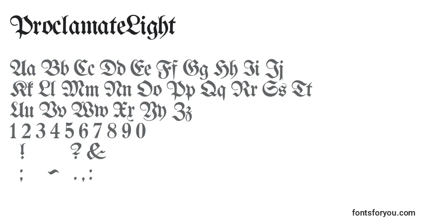 Czcionka ProclamateLight – alfabet, cyfry, specjalne znaki