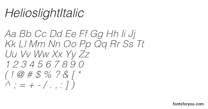 A fonte HelioslightItalic – alfabeto, números, caracteres especiais