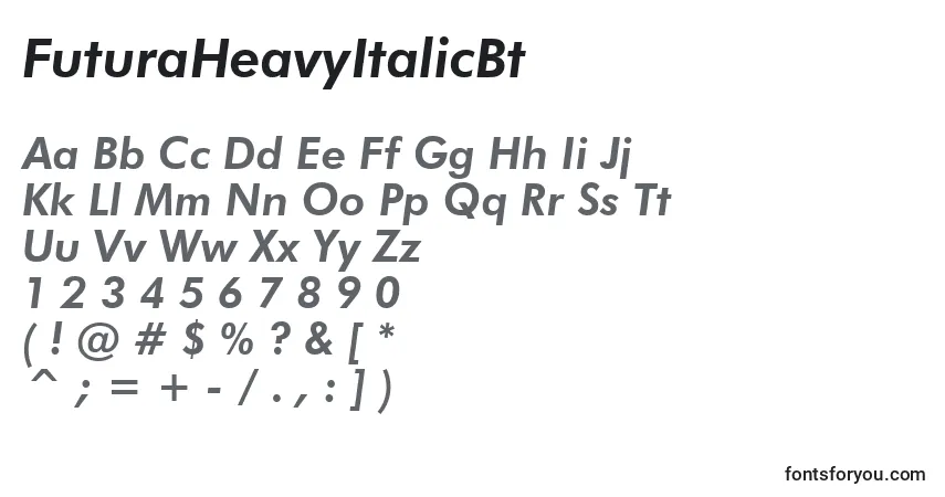 A fonte FuturaHeavyItalicBt – alfabeto, números, caracteres especiais