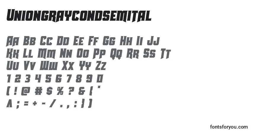 Шрифт Uniongraycondsemital – алфавит, цифры, специальные символы