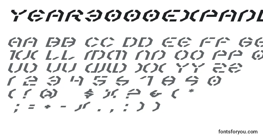 Schriftart Year3000ExpandedItalic – Alphabet, Zahlen, spezielle Symbole