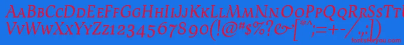 Devroysc-Schriftart – Rote Schriften auf blauem Hintergrund
