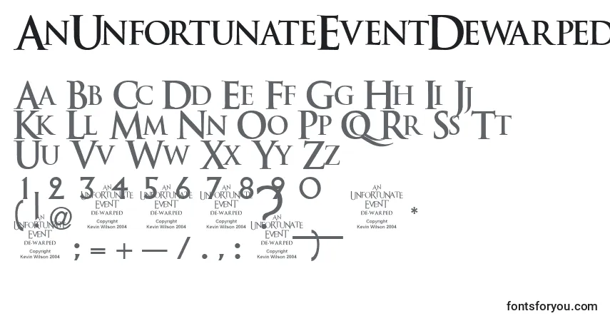 Czcionka AnUnfortunateEventDewarped – alfabet, cyfry, specjalne znaki