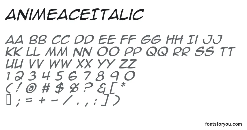 Czcionka AnimeAceItalic – alfabet, cyfry, specjalne znaki