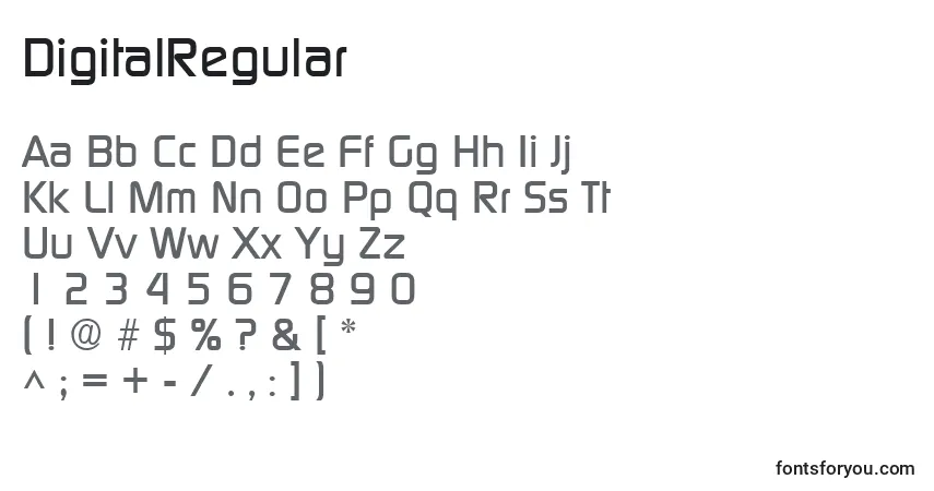 A fonte DigitalRegular – alfabeto, números, caracteres especiais