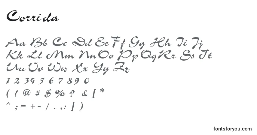 Schriftart Corrida – Alphabet, Zahlen, spezielle Symbole