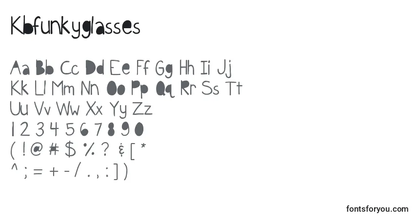 Schriftart Kbfunkyglasses – Alphabet, Zahlen, spezielle Symbole