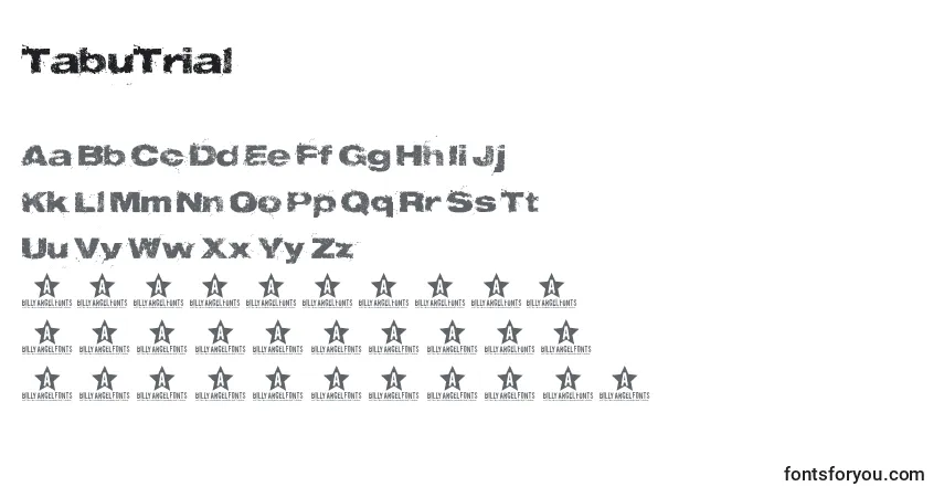Czcionka TabuTrial – alfabet, cyfry, specjalne znaki