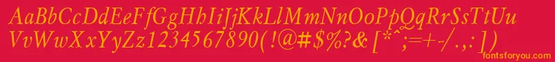フォントMyslnarrowcttItalic – 赤い背景にオレンジの文字