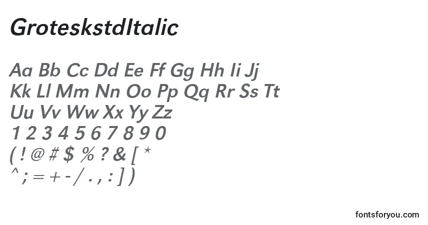 A fonte GroteskstdItalic – alfabeto, números, caracteres especiais