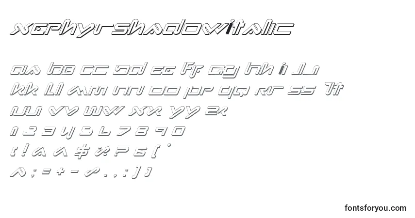 Шрифт XephyrShadowItalic – алфавит, цифры, специальные символы