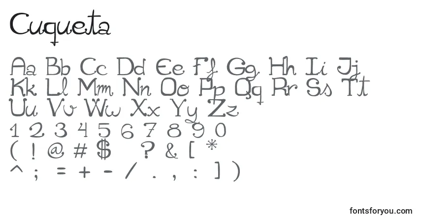 A fonte Cuqueta – alfabeto, números, caracteres especiais
