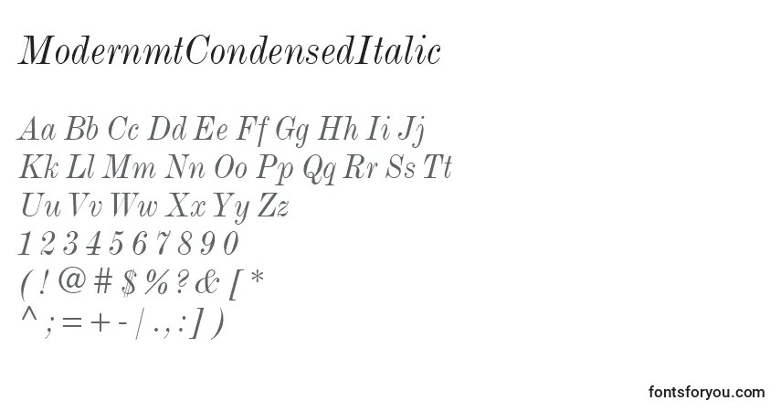 ModernmtCondensedItalic-fontti – aakkoset, numerot, erikoismerkit