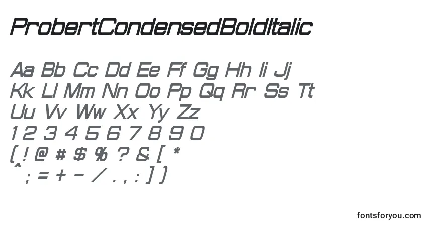 Schriftart ProbertCondensedBoldItalic – Alphabet, Zahlen, spezielle Symbole