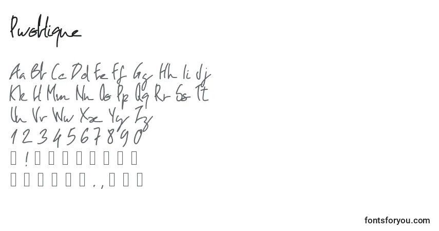 Pwoblique-fontti – aakkoset, numerot, erikoismerkit