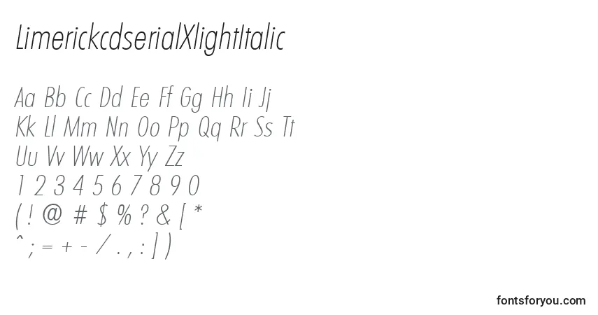 Schriftart LimerickcdserialXlightItalic – Alphabet, Zahlen, spezielle Symbole