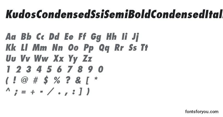 Шрифт KudosCondensedSsiSemiBoldCondensedItalic – алфавит, цифры, специальные символы