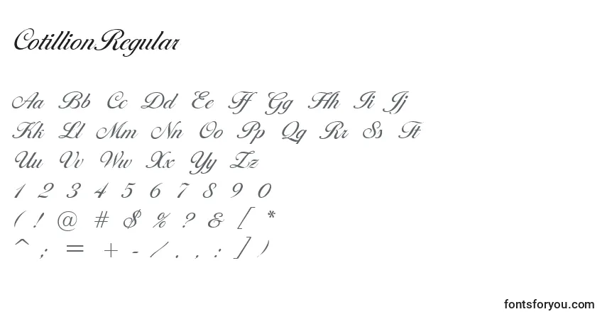 Czcionka CotillionRegular – alfabet, cyfry, specjalne znaki