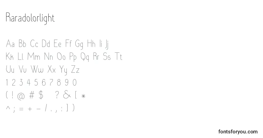 Шрифт Raradolorlight (80107) – алфавит, цифры, специальные символы