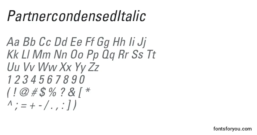 Шрифт PartnercondensedItalic – алфавит, цифры, специальные символы