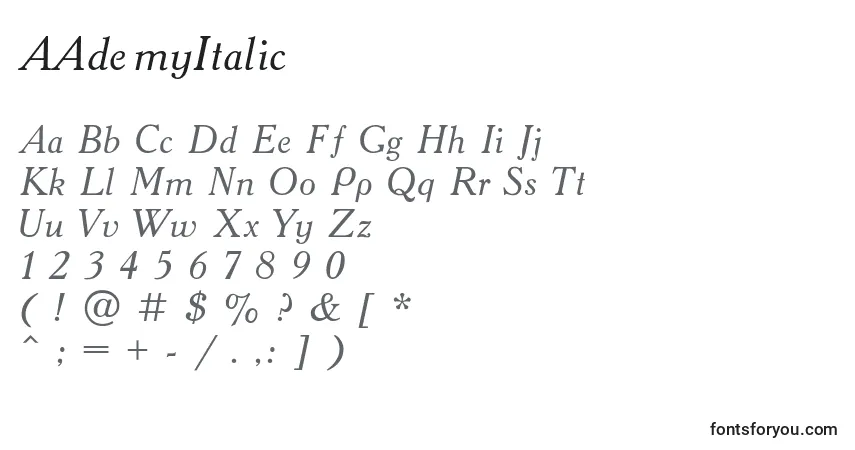Шрифт AAdemyItalic – алфавит, цифры, специальные символы